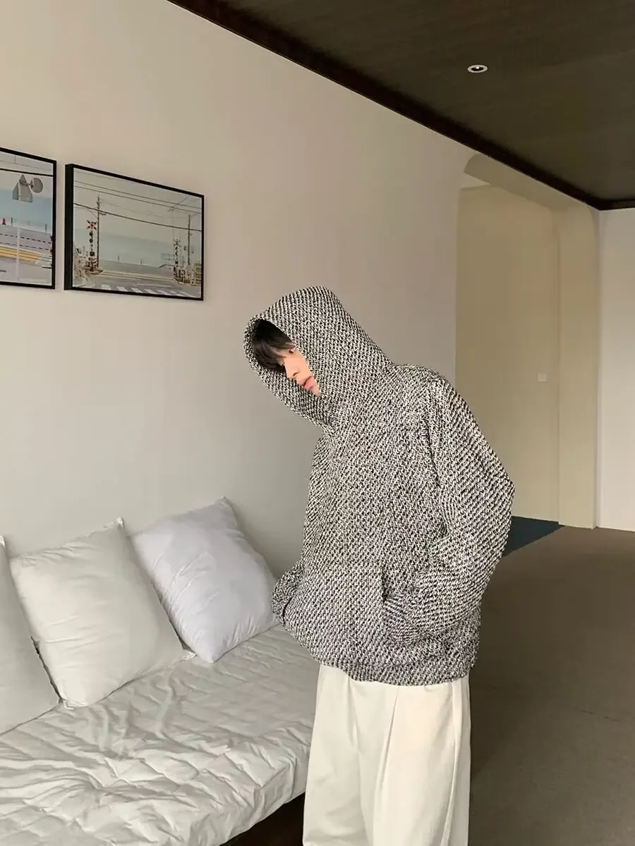Description Picture 4 of itemAutumn/winter Tweed Style Loose-fit Hooded Plaid Sweatshirt For Couples Casual Pullover Long Sleeve Trendy Heavy Duty Versatile