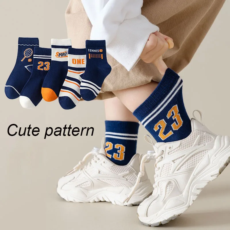New 5 Pairs Kids Boys Socks Tennis Series Children Sport School Students Socks Spring Autumn Soft Cotton Toddler Mid Tube Sock 3