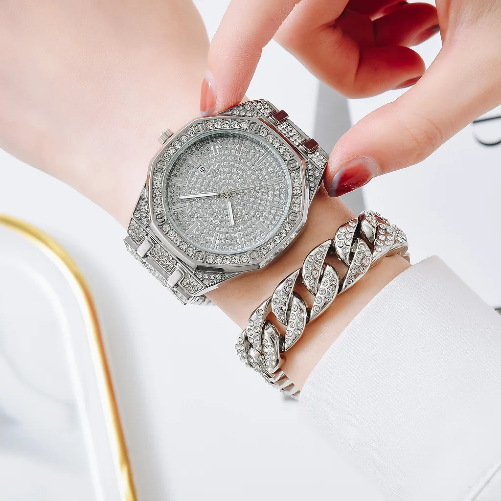 Luxury Iced Out Watch Bracelet for Women Mens Watch Cuban Chain Hip Hop Jewelry Set Rhinestone Gold Watch Men Religio Masculino