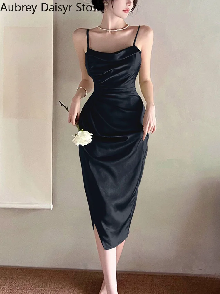 

Elegant Spaghetti Strap Black Dress Women Vintage Hepburn Midi Prom Dress Female Sexy Casual Beach Evening Party Dress Summer