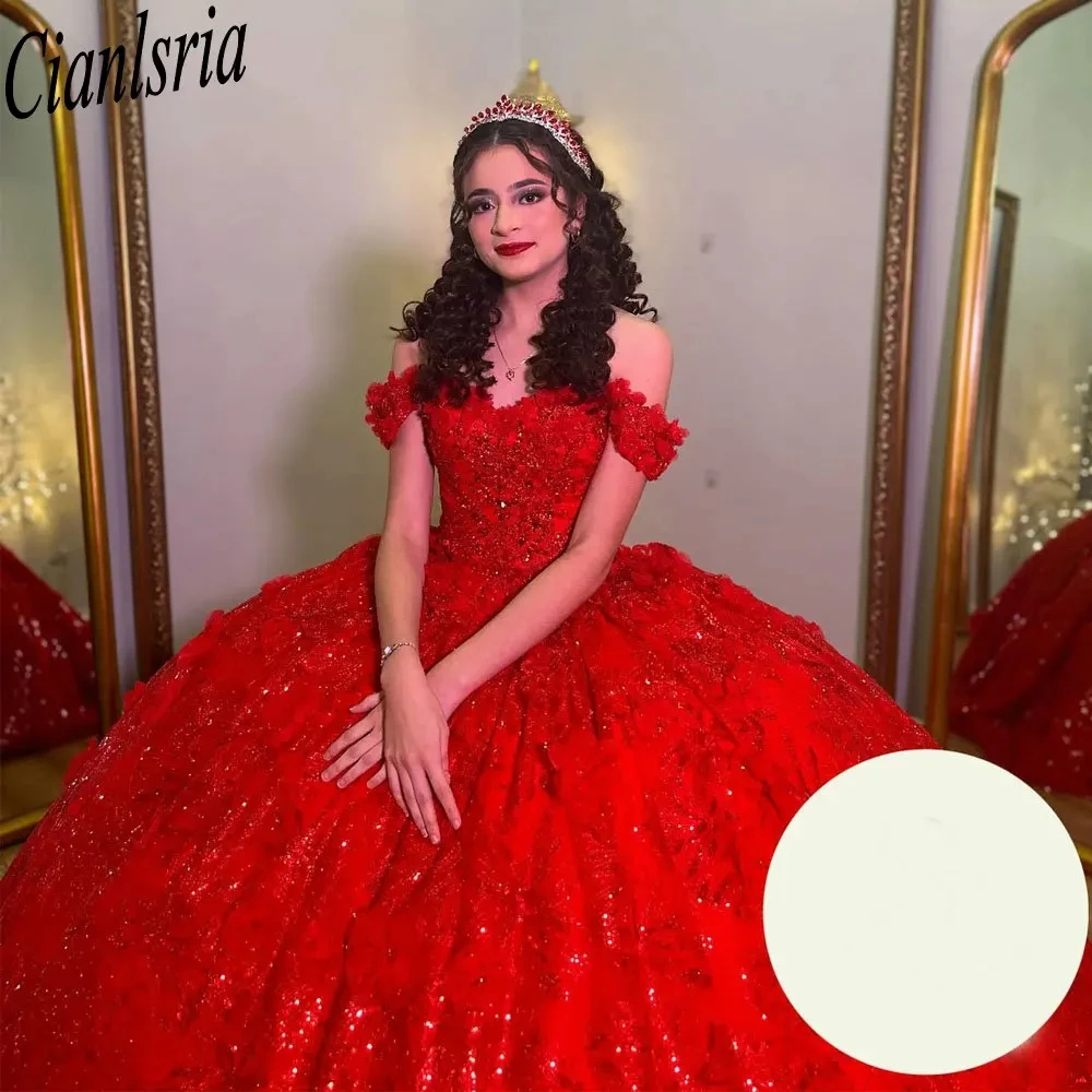 

Red Off The Shoulder Beading Ball Gown Quinceanera Dresses Glitter Sequined Lace 3D Flowers Corset Sweet 16 Vestidos De XV Años