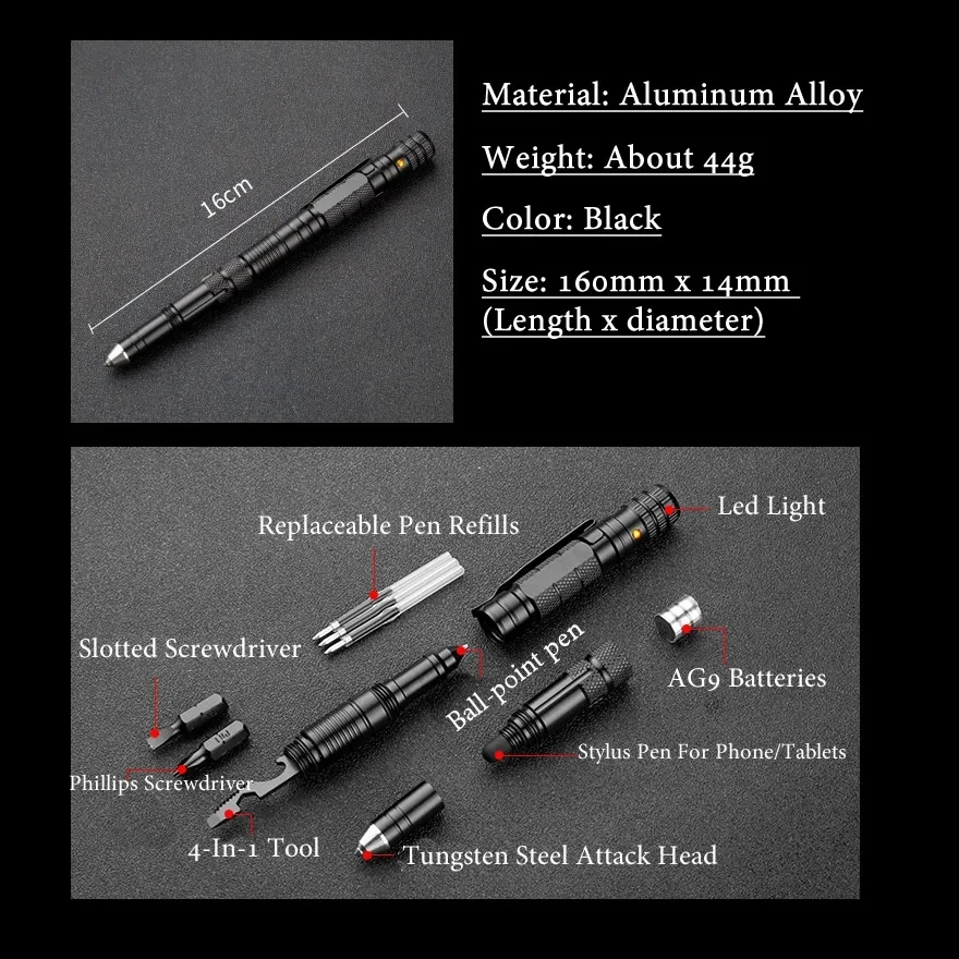 Creative Tactical Pen Self Rescue EDC Tool Flashlight Screwdriver Bottle Opener Emergency Window Breaker For Outdoor Survival 6