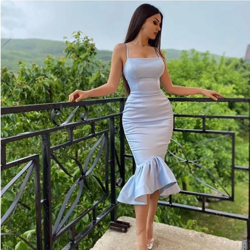 

Light Blue Spaghetti Strap Mermaid Evening Dresses Tea Length Satin Square Collar Prom Party Dresses Special Occasion Gowns