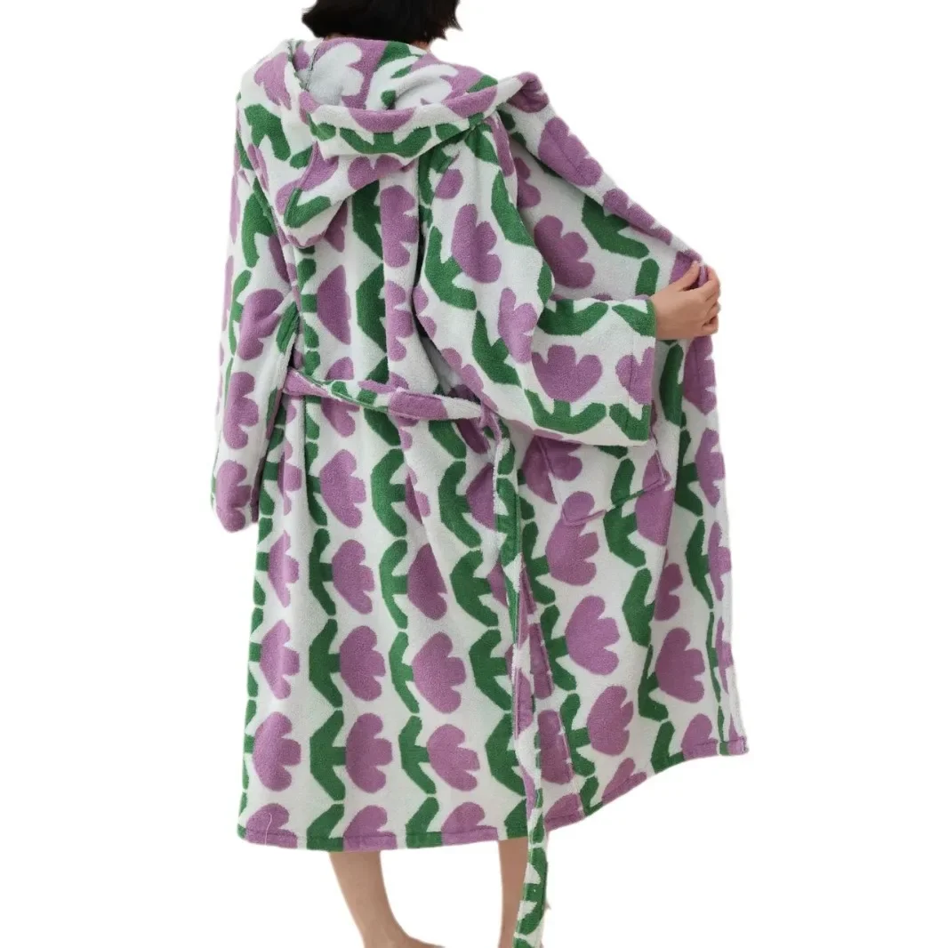 Terry Towel Long Kimono Bathrobe Thicken Long Staple Cotton Hooded Robe Print Tulips Sleepwear Women Girls Home Wear Nightdress