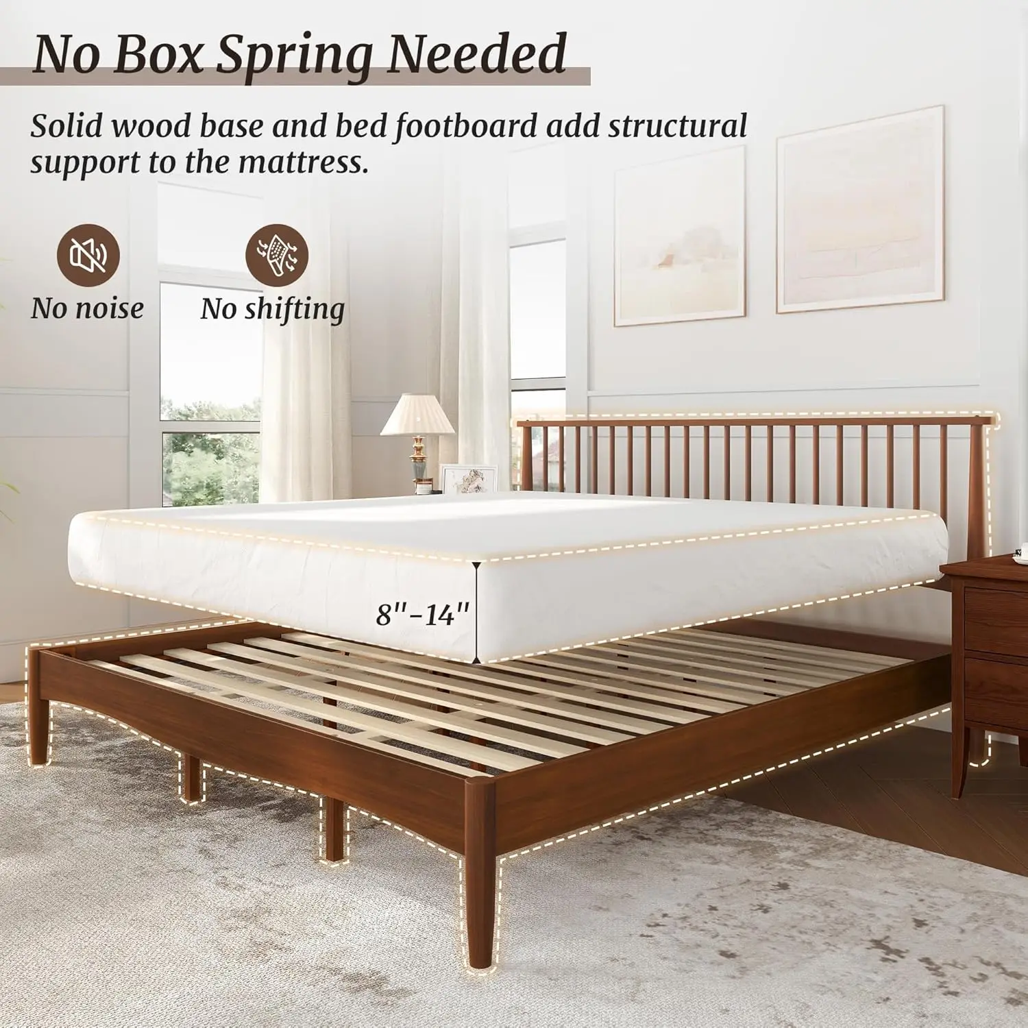 Wood Bed Frame with Spindled Headboard, Platform Bed Frame King Size Mid Century Foundation with Solid Wood Slat Support