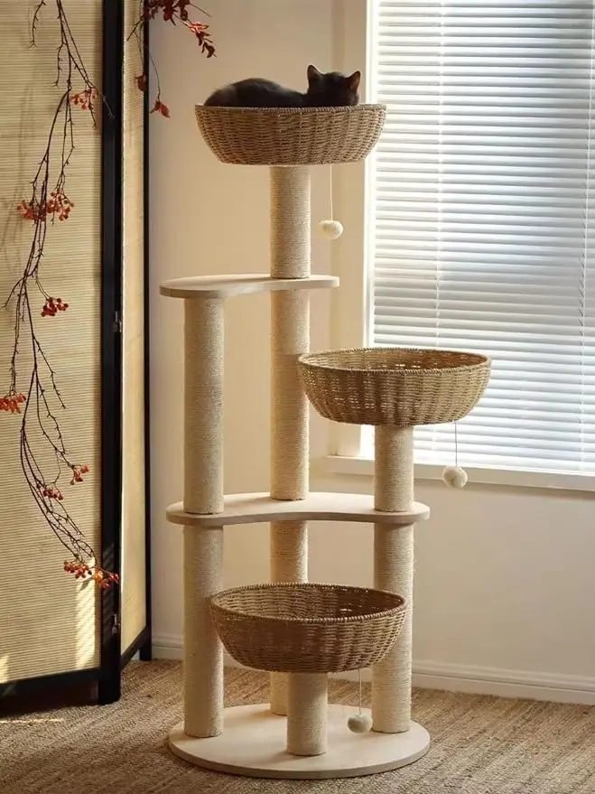 

54" Modern Cat Tree for Large Cats, Wood Luxury Multi-Level Oak Solid Wood Cat Trees and Towers