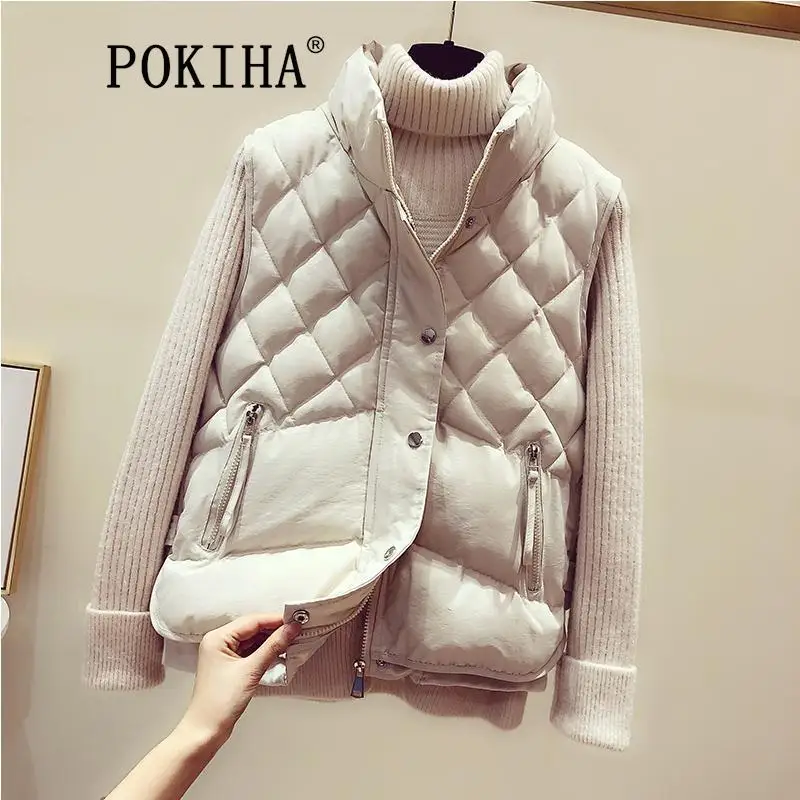 

Pokiha Fashion Women New Casual Loose Thick Warm Padded Short Waistcoat Vintage High Neck Zipper-up Female Outerwear Chic Tops