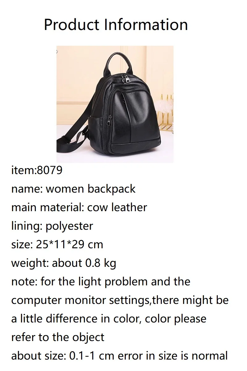 Schwarz Echtes Kuh Leder Rucksack Frauen Casual Anti-diebstahl Damen Echtes Leder Schulter Tasche Solide Muster Mädchen Schule Bagpack – Detail 2
