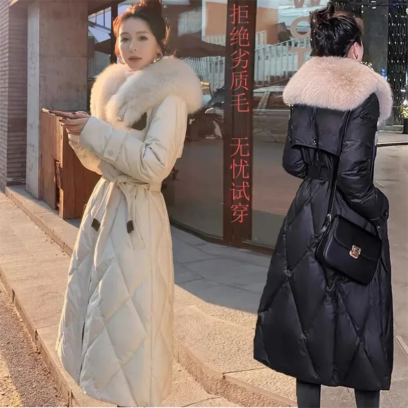 Cotton-padded Jacket Women With Big Fur Collar and Down Winter 2024 New High-quality Waist Long Knee-length Cotton-padded Coat
