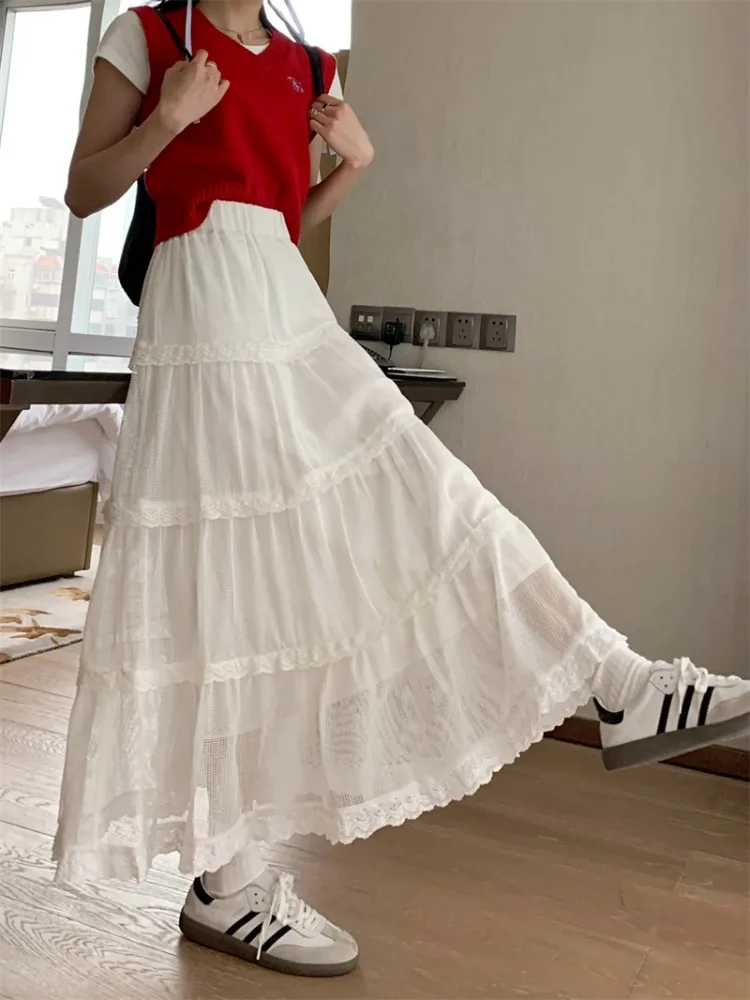 

White Fairy A Line Long Skirts Women 2023 Summer Ankle Length Casual High Waist Lace Long Pleated Skirts Female(Sy4638