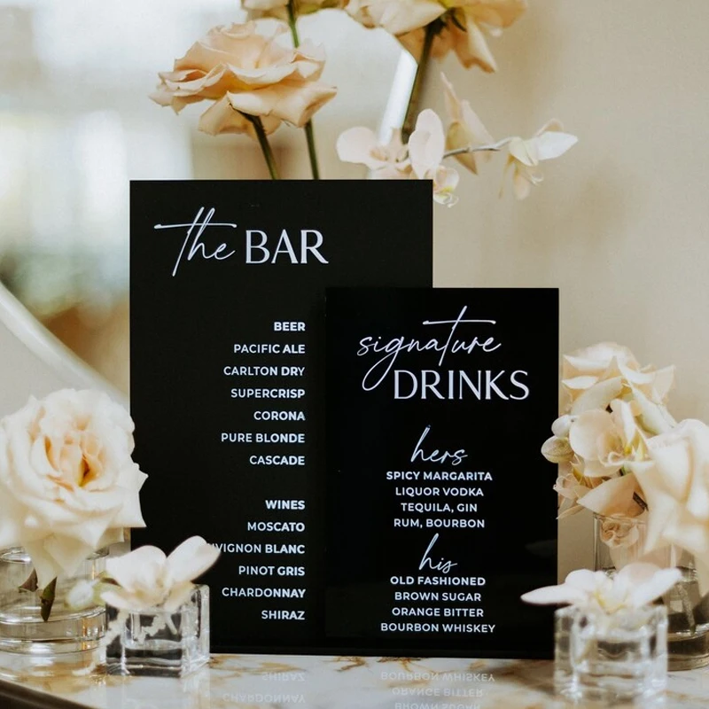 Wedding Bar Sign Black Acrylic Wedding Bar Menu Signature Drinks Sign Cocktails Reception Table Decor