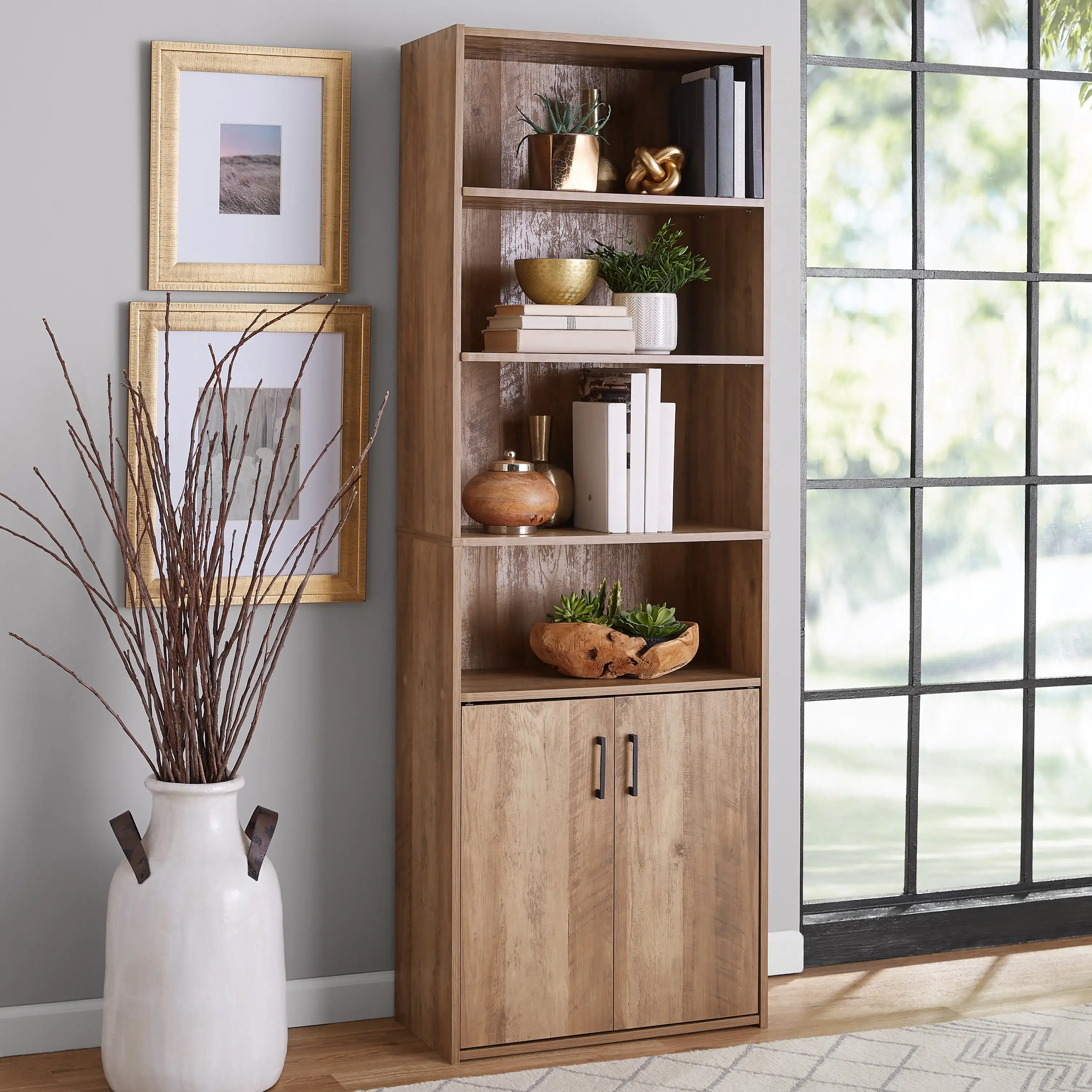 

Mainstays Traditional 5 Shelf Bookcase with Doors, Weathered Oak Finish