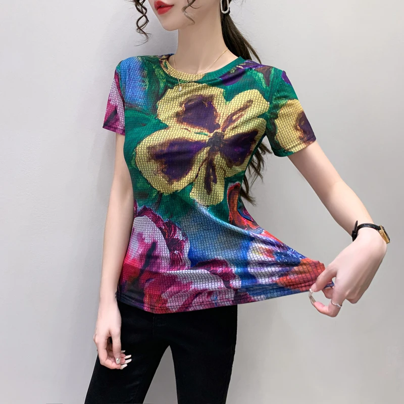 

Футболка женская сетчатая с цветочным принтом, тонкая эластичная рубашка с коротким рукавом, повседневный Топ, уличная одежда, XXXL, на лето