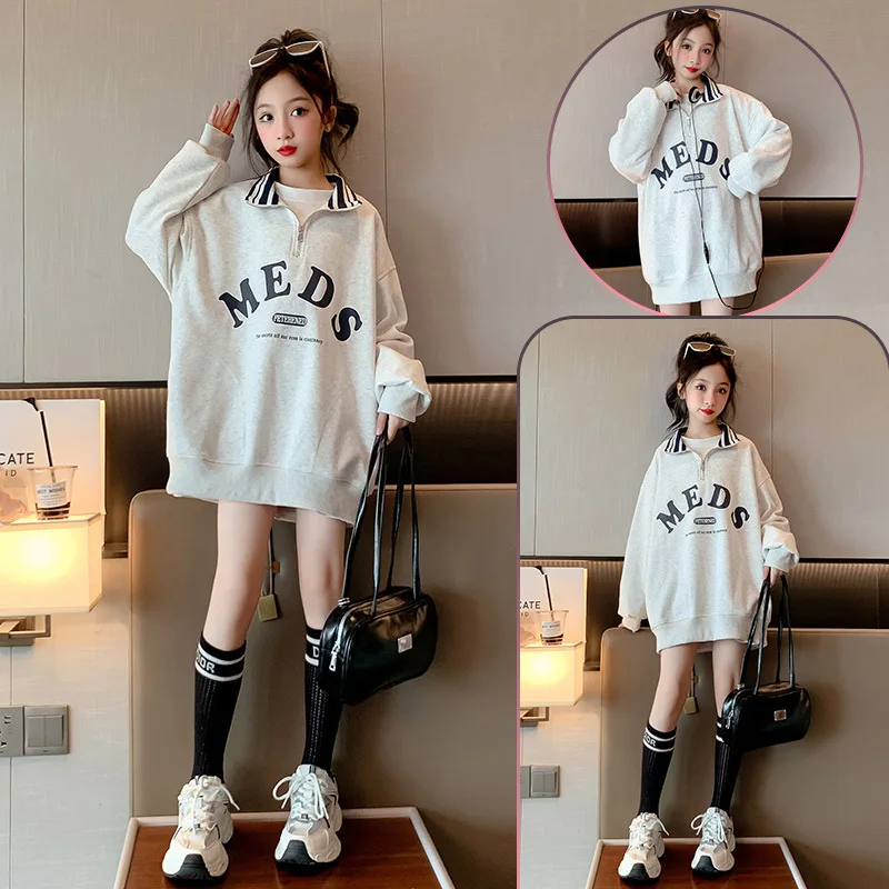 

2024 Korean Spring Autumn Junior Girl Sweatshirt School Girl Letter Printed Half Zip Sport Shirt Children Girl Long Sleeve Tops