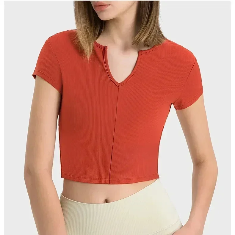 

Lulu Women Clothing Gym Yoga Sport Shirt Sportswear Outdoor Short Sleeve Tshirt Ribbed Fabric V-Neck Pulovers Thin Waist Top