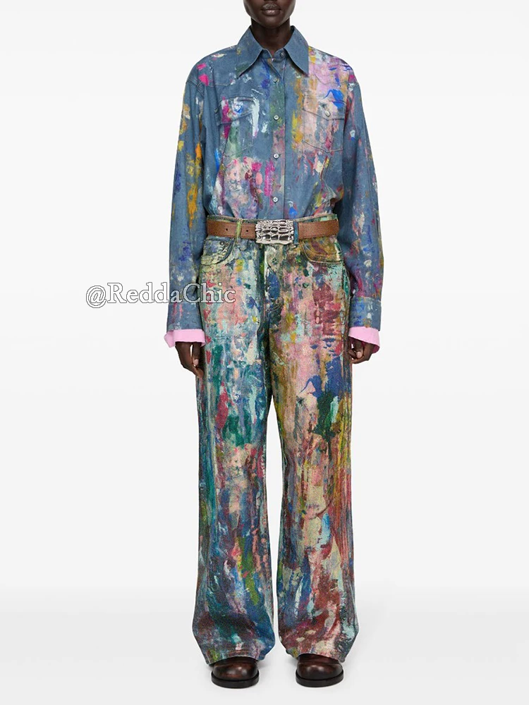 REDDACHiC Street Style Graffiti Jeans Men Distressed Rainbow Random Painting Pattern Straight Wide Leg Pants Hiphop Y2k Trousers 6