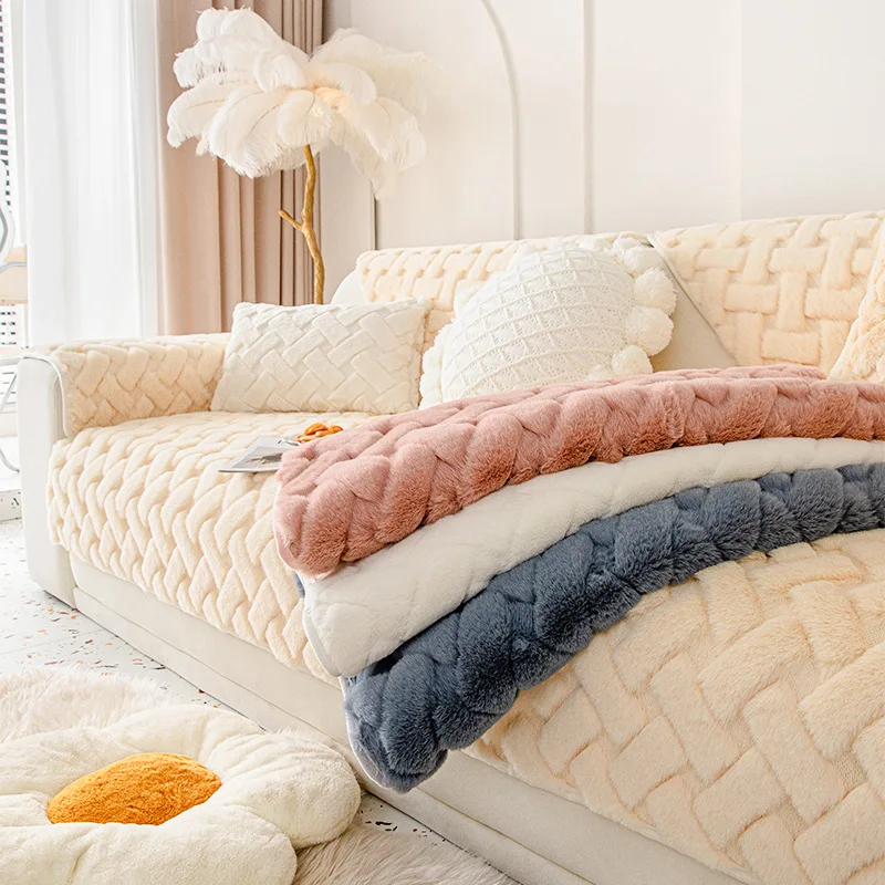 

Rabbit Plush Sofa Cushion Winter Thicken Warm Sofa Towel Cover Anti-slip Super Soft Couch Mat for Living Room