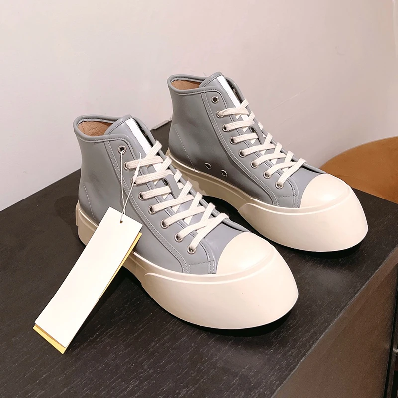 

New High Quality Genuine Leather Sneakers Cross Tied Thick Soled High Top Shoes Height Increase Round Toe Flat Casual Shoes