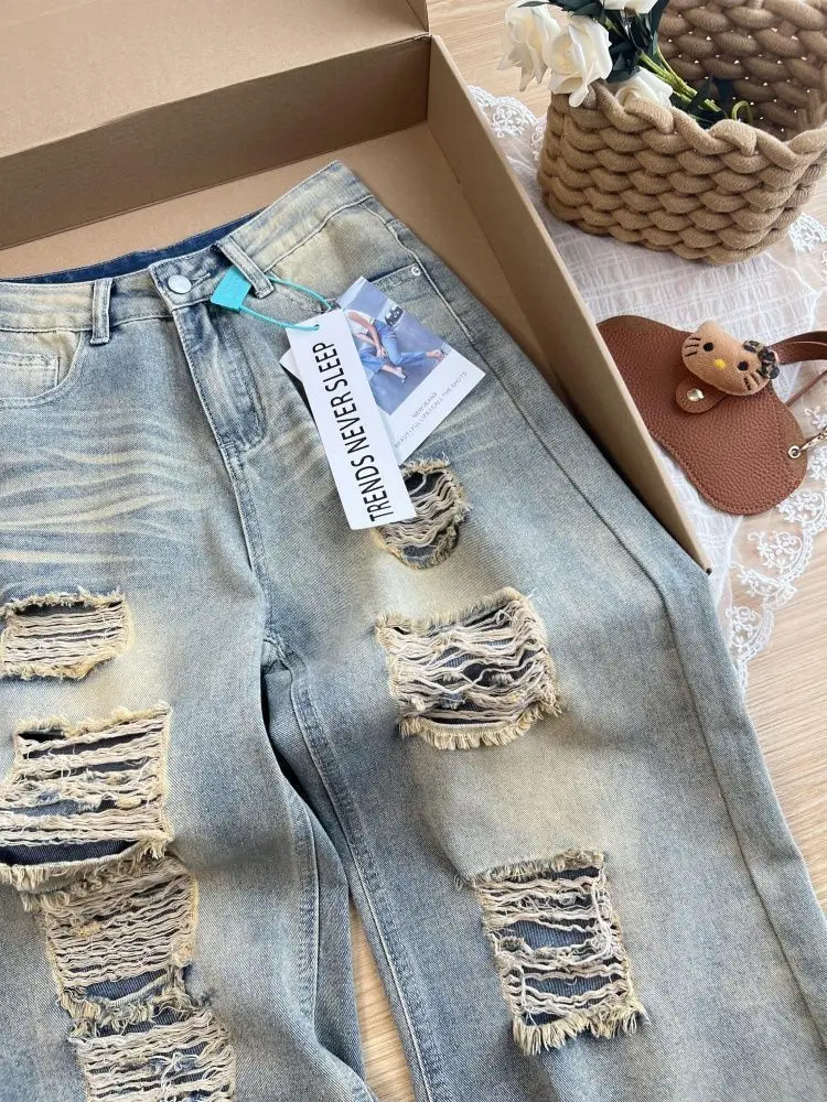 2025 Autumn New Retro Old Ripped Jeans Wide-leg Jeans Women Loose Pants Trousers Baggy Jeans 2