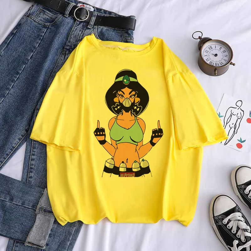 2022 New Alice In Wonderland T Shirts Womens Cotton Tops Black Alice Snow White Print Casual Short Sleeves 90s Fashion Top black t shirt for men