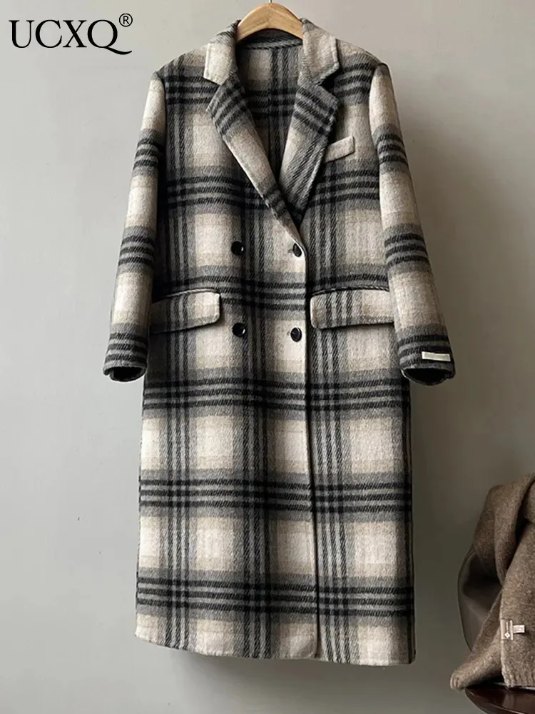 

UCXQ Winter Vintage Wool Cashmere Coat Women Long Sleeve Single Breasted Plaid Outwears Woolen Jacket 2023 Autumn New 23A5214