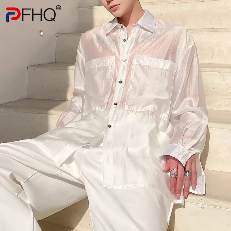 

PFHQ Men's New Thin Organza Temperament Tops Lapel Long Sleeve Cool Shirts Solid Color Perspective Sexy Sunscreen Summer 21Z4023