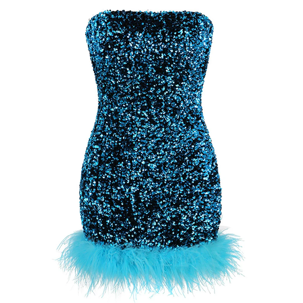 

Sequin Feather Women Dress Vestidos Femininos Elegante Night Club Outfit Prom Party Robes Ladies Dresses For Special Occasions