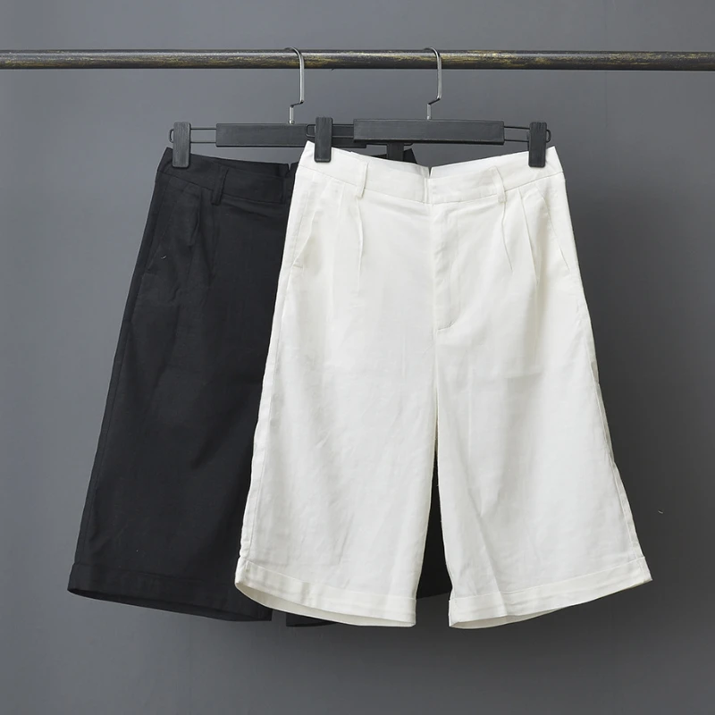 

2023 Ladies Black and White Linen Five Point Straight Fit Shorts