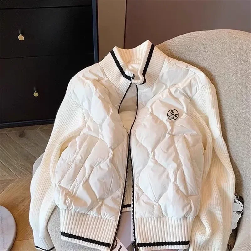 

Ladies Golf Coat Fashion Knitting Splice Round Neck Jacket Winter Warm Golf Clothing Women Loose Down Cotton Golf Wear Uniform