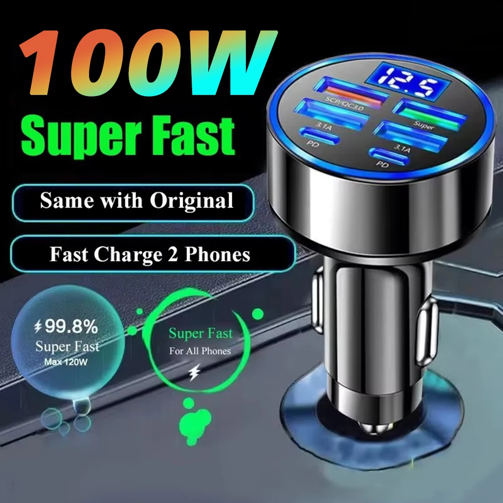 Super Fast 4-Port Car Charger 100W for Mobile Phone High-Speed Vehicle Charging Station with Multiple Devices Charging Capacity