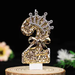 Golden Crown Glitter Number Candles for Birthdays - Elegant Cake Décor with Diamond Accents (2)