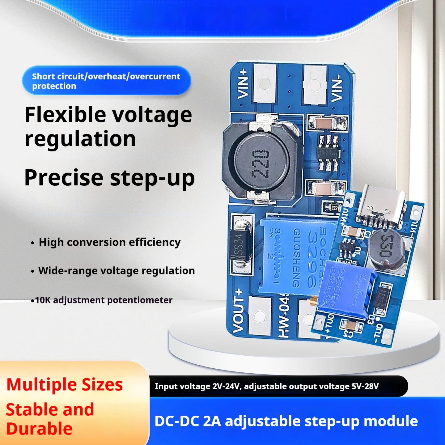 MT3608 부스트 모듈 DC-DC 부스트 컨버터 SX1308 부스트 전원 보드 2A 최대 2V-24V에서 5/9/12/28V로 변환, 아두이노에 적합