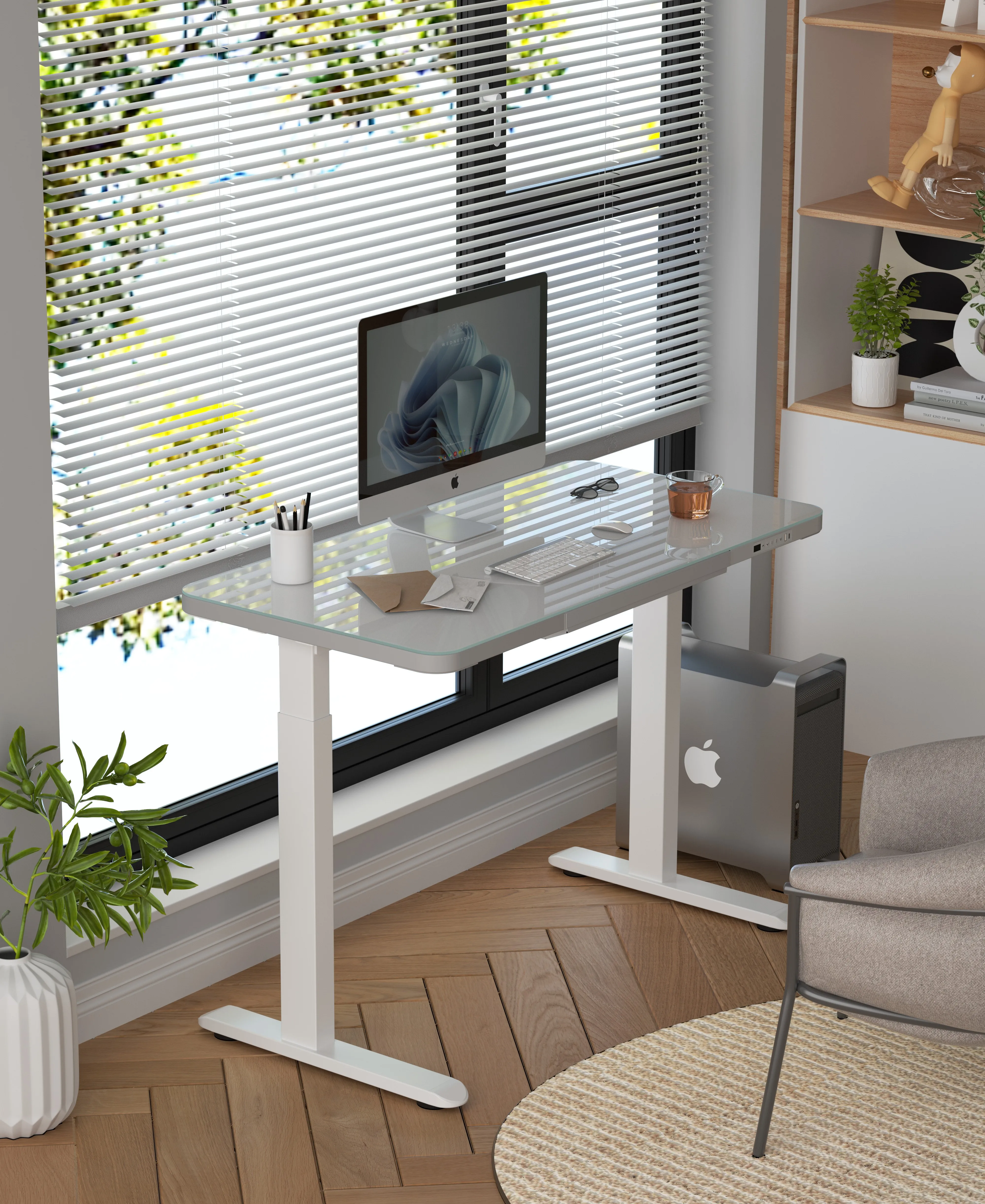 Scrivania Ergonomica Bianca Regolabile in Altezza con Motore Elettrico Singolo, Tavolo da Ufficio Smart Sit-Stand in Vetro - immagine 2