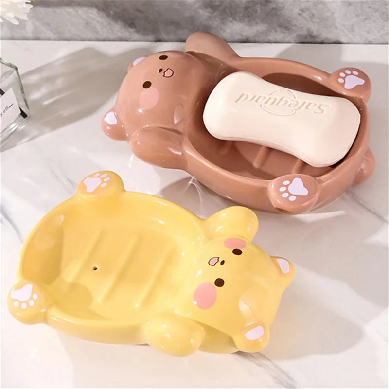 

Cartoon Teddy Bear Ceramic Soap Box Creative Soap Box Hand Washing Countertop Water Filtering Drainage Storage Soap Box