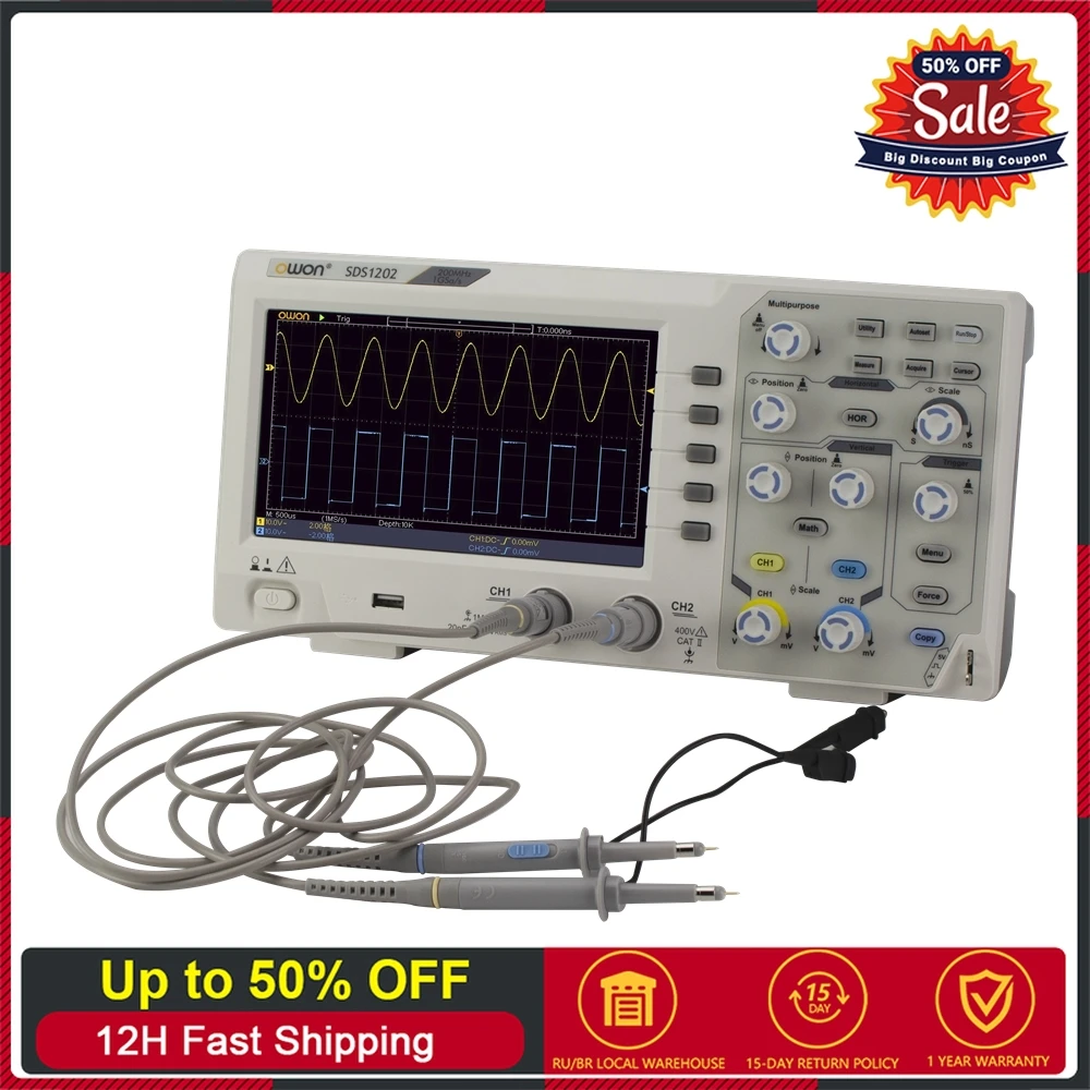 Owon SDS1202 Digitales Oszilloskop 8 Bits 2CH 200 MHz Bandbreite 1 GS/s Osciloscopio 7-Zoll-Bildschirm Hochpräzise digitale Oszilloskope