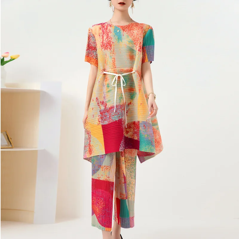 Miyake Pleated Printing Fashion Set Temperament Drawstring Top and High Waisted Wide Leg Pants Two Piece Sets for Women 2023 New