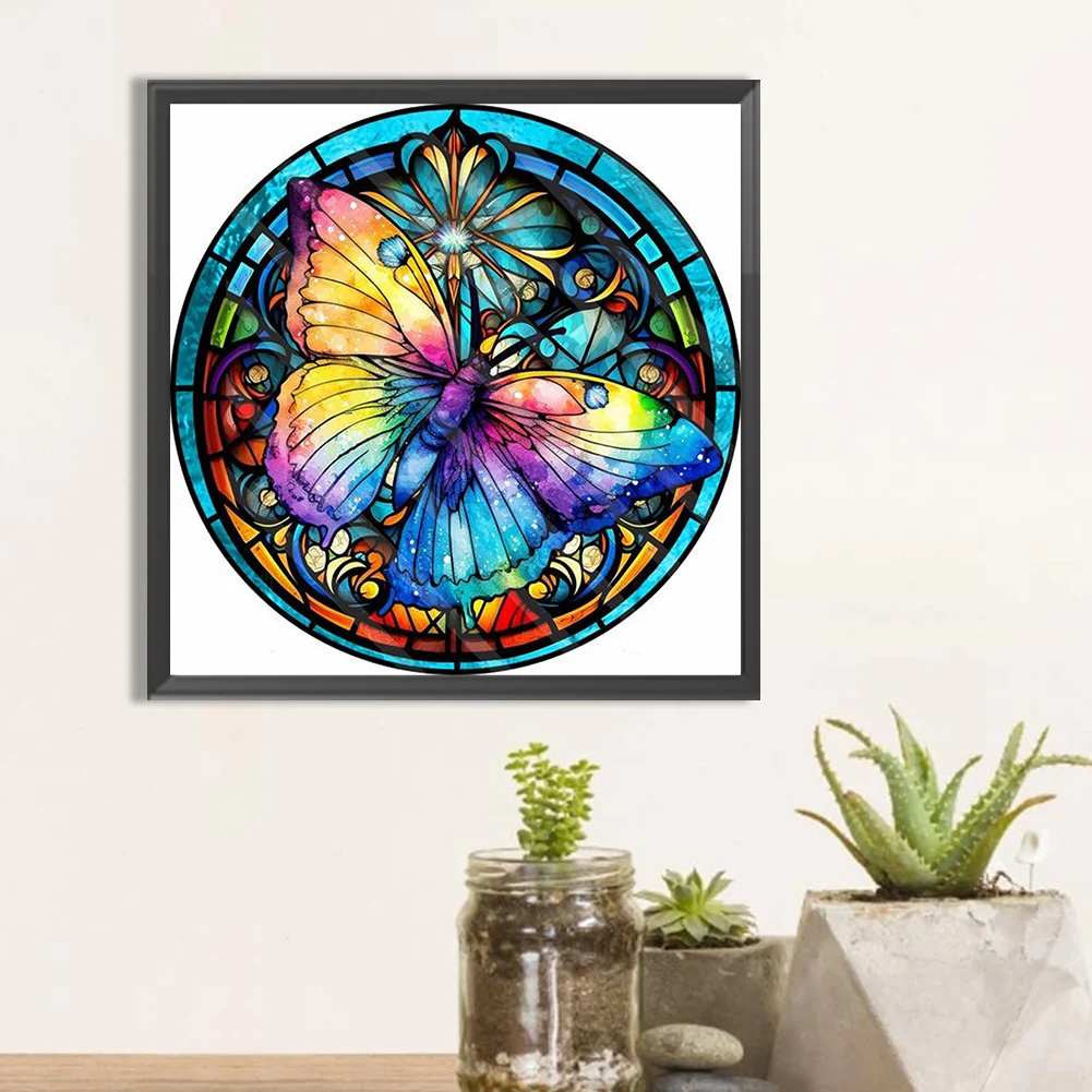 Stained Glass Blue Butterfly-Partial AB Round Diamond Painting-45*40CM