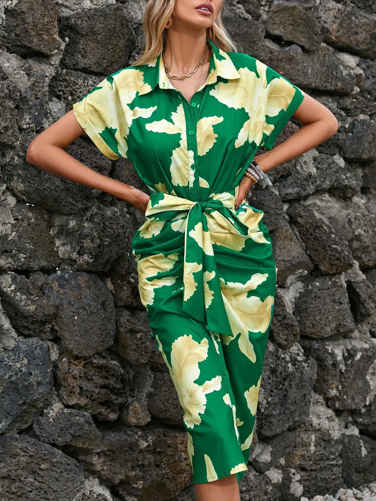 Casual Turn Down Collar Short Sleeve Dress Office Lady Spring