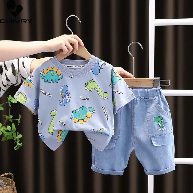 

New 2023 Boys Fashion Clothing Sets Baby Boy Summer Cartoon Dinosaur Short Sleeve T-shirt Tops with Denim Shorts Kids Clothes