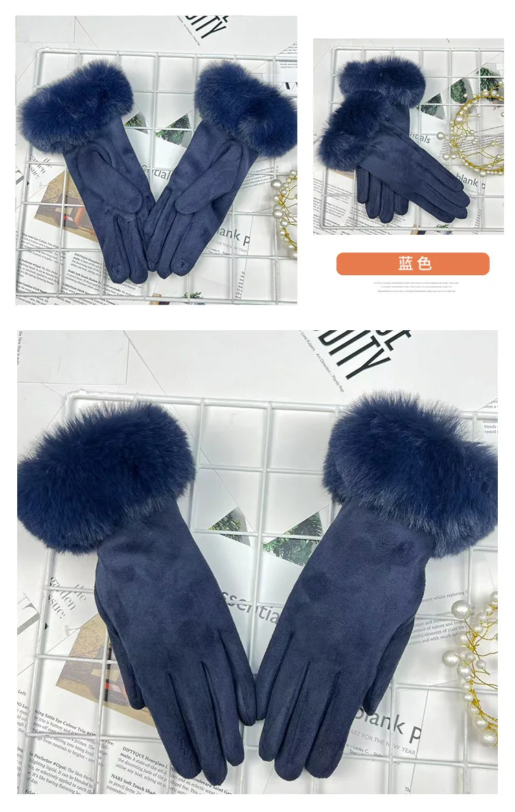 Suede Soft Warm Gloves Women's Woolen Mouth Winter Cycling Plus Velvet Finger Gloves Cycling Driving Thickened Furry Gloves G434