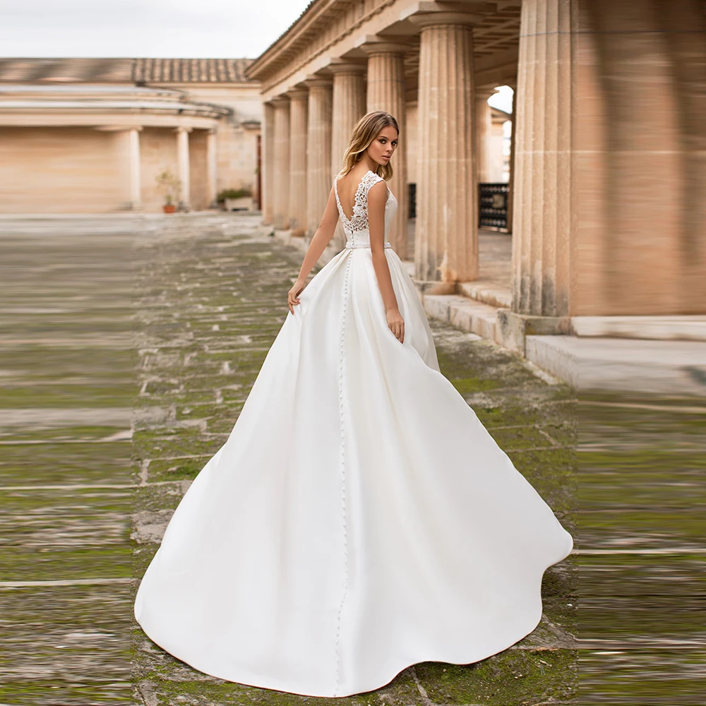 SimpleONeckWeddingDressCupSleevesPearlsBeltHighQualitySatin