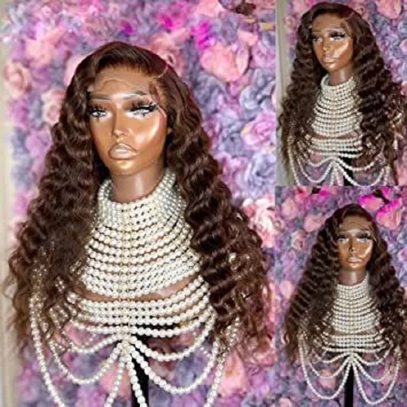 

Glueless Soft 26 inch 180%Density PrePlucked Deep Curly Long Brown Lace Front Wigs For Black Women Babyhair Daily
