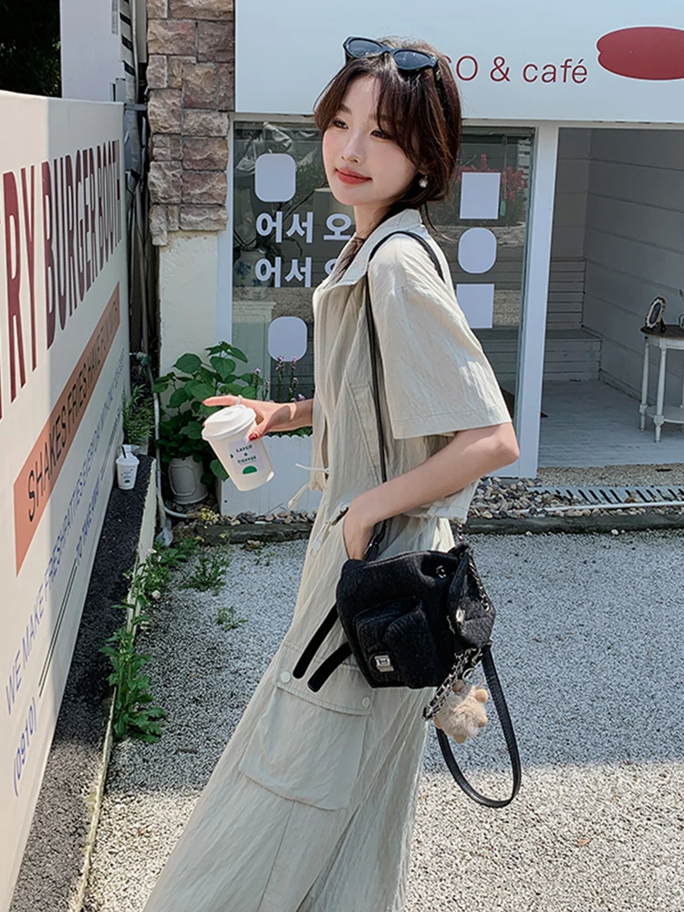 LANMREM 여성용 사파리 스타일 투피스 세트, 라펠 반팔, 지퍼 디자인 상의, 탄성 허리 스커트, 2024 여름 신상, 2Z1679