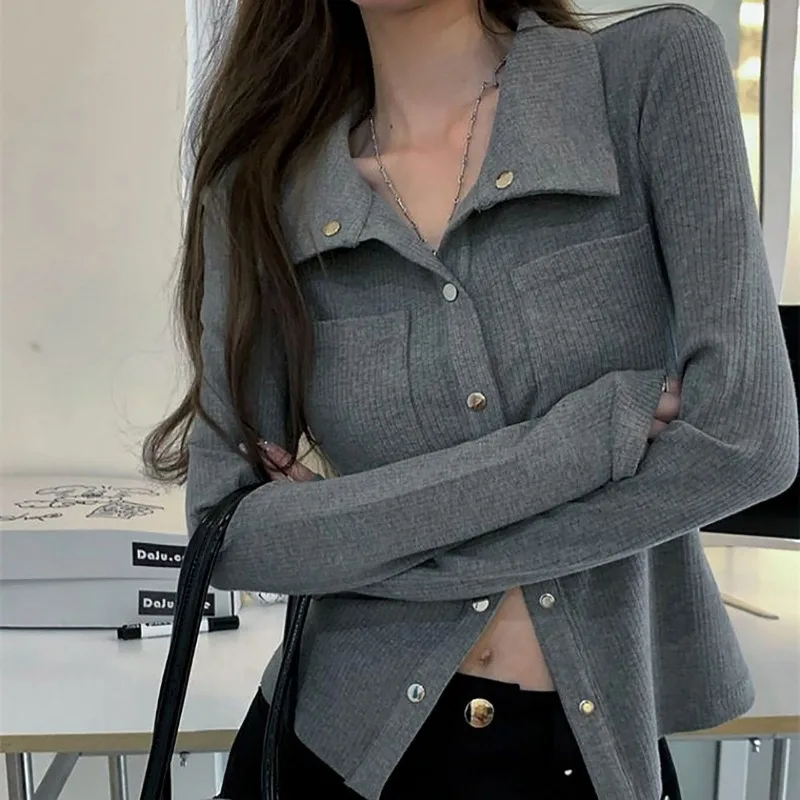 QWEEK Grey Women Shirts Korean Style Slim Elegant Blouses Y2k Aesthetic Long Sleeve Sexy Top Ladies Harajuku Spring Fashion Chic qweek harajuku vintage women s jeans oversized elegant old money wide leg denim pants ladies korean fashion high waist trousers