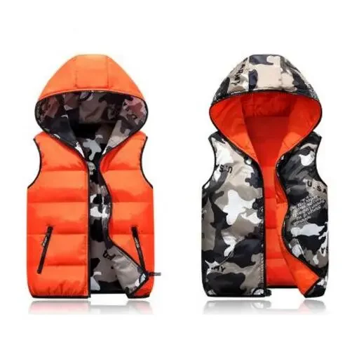 Children Camouflage Waistcoat Teenager Autumn Winter Down Cotton Coats Boys Girls Vest Kids Hooded Jacket Child Outerwear 8 10y