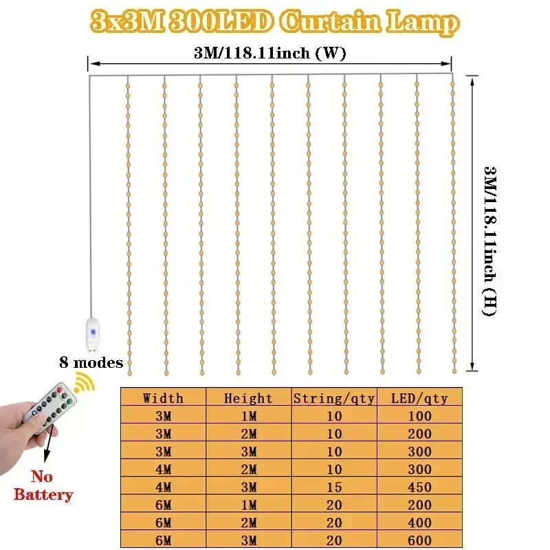 Description Picture 6 of itemUSB Remote Control 6x3m LED Curtain Garland on The Window Fairy Light String Wedding Christmas Decor for Bedroom Home New Year