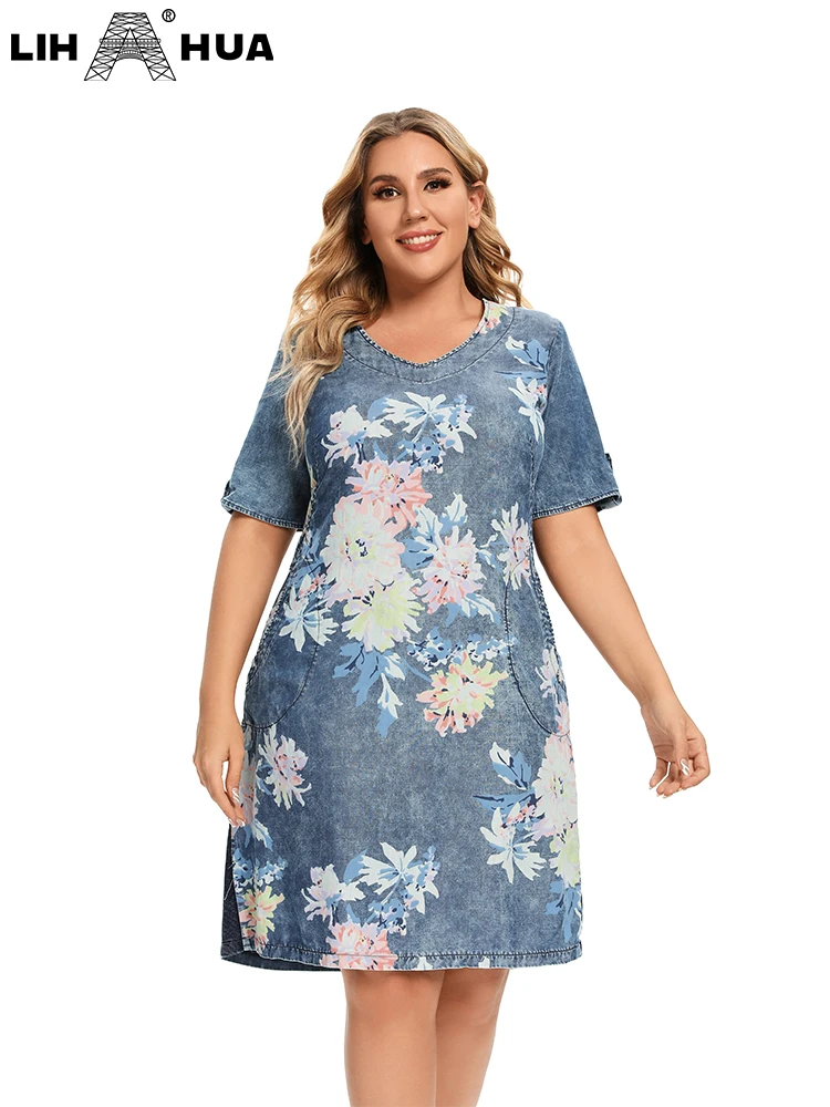 Denim Dress Sleeve Korean.LIH-HUA-Women-s-Plus-Size-Denim-Dress-Summer-Casual-Printed-Cotton ...