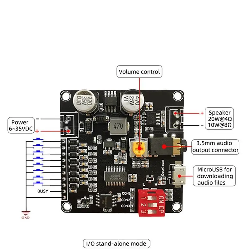 ABZZ-재생 모듈 DY-HV8F 12V/24V 10W/20W, Arduino 재생 모듈용 8MB 플래시 스토리지 포함, 마이크로 USB