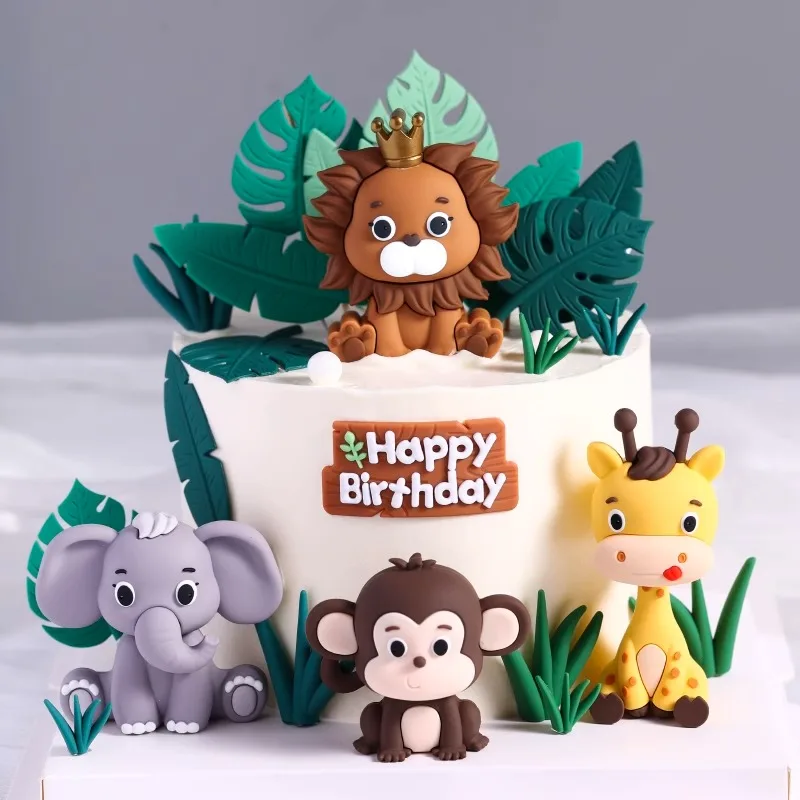 Forest Animal Cake Topper Elephant Monkey Lion Giraffe Leaves Jungle Party Supplies for Boys Happy 1st Birthday Cake Decoration