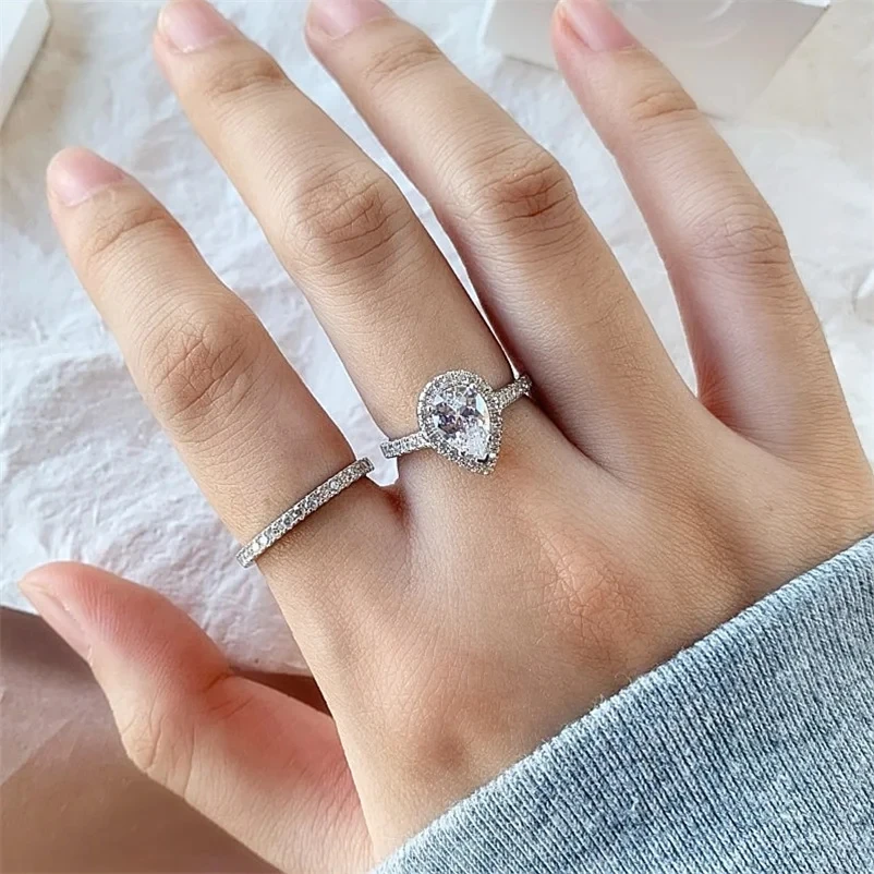 CC Double Rings For Women Silver Color Water Drop White/Pink Luxury Bridal Wedding Jewelry Engagement Accessories CC775 wedding rings silver rings